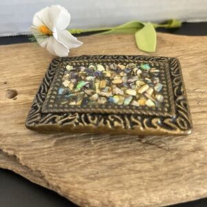 VTG Mexican Abalone Shell Inlay Brass Belt Buckle Rectangle 21/4 X 2” Stunning